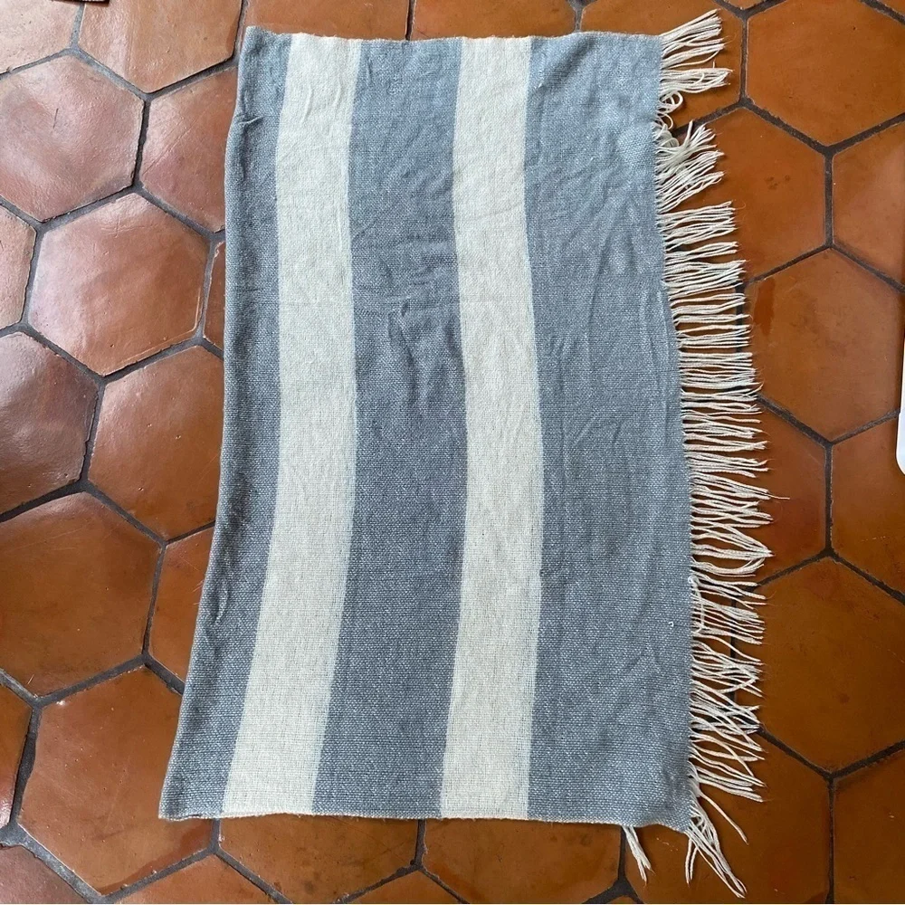 West Elm Gray Striped Throw Blanket Fringe Super Soft Wool 50 x 60